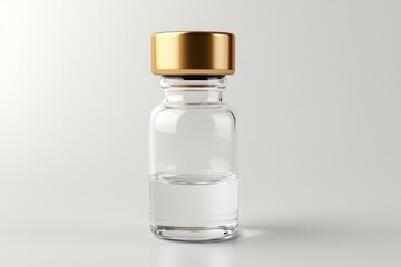 Leinwandbilder - Clear glass bottle with gold cap holding liquid resting on a white surface in a well lit environment on a modern backdrop. Generative AI