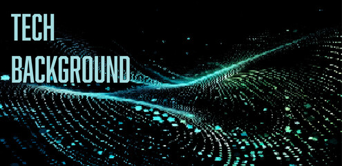 Poster - Вynamic vector illustration featuring a futuristic, digital wave of dots and lines in blue and green hues, creating a tech-inspired, visually captivating background with a sense of depth and movement.