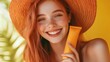 © Sergiy - European girl joyfully poses with sunscreen in bright summer lighting, radiating confidence and excitement for sunny days ahead