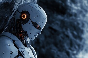 Poster - Futuristic robot stands against a rocky surface in a dimly lit environment