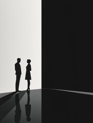 Poster - Couple stands facing each other in a minimalist black and white space during evening or night time. Generative AI