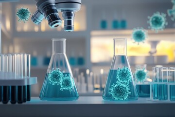 Poster - detailed laboratory setup showcasing microorganisms under a microscope in a scientific environment