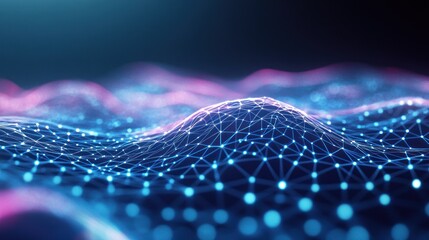 Poster - Digital landscape with glowing nodes and waves representing data flow, technology innovation, and connectivity in a virtual environment, abstract concept