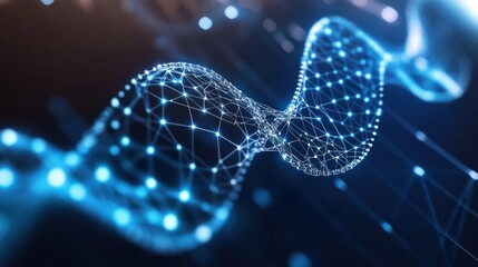 Poster - Digital DNA structure visualization with glowing nodes and interconnected lines representing genetic information and technology innovation concept