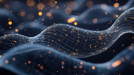 Poster - Abstract wave patterns with glowing particles in a dark background creating a mesmerizing visual effect, digital art concept