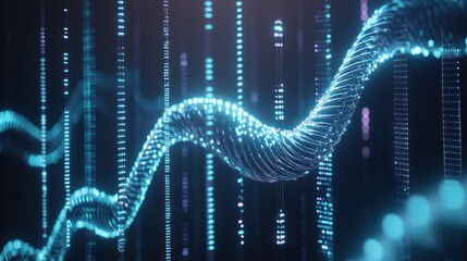 Poster - Digital representation of a DNA strand with glowing particles and data streams, showcasing the intersection of technology and biology, genetic research concept