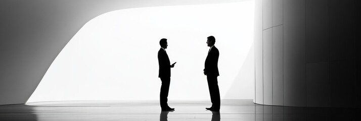 Fototapete - Business conversation between two professionals in a modern architectural space during daylight. Generative AI