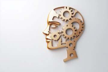 Poster - Golden profile silhouette of a human face with gears integrated into the design embodies innovative thinking and creativity