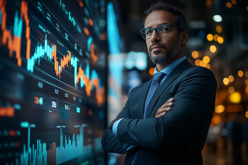 Poster - Businessman stands with arms crossed gazing confidently at the camera in a stylish office filled with stock market data on screens. Soft lighting enhances the professional atmosphere