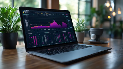Poster - Laptop displays financial data analysis with colorful graphs in a modern workspace