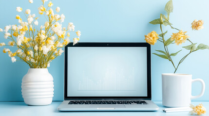 Poster - Laptop displays a growth chart while white and yellow flowers sit in vases on a light blue desk. The clean layout creates a refreshing workspace atmosphere