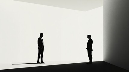 Aufkleber - Two men in suits engaged in conversation in a minimalist white room with dramatic shadows. Generative AI
