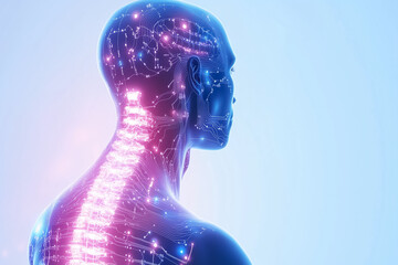 Poster - Digital representation of a human figure with a luminous spine is depicted against a gradient background