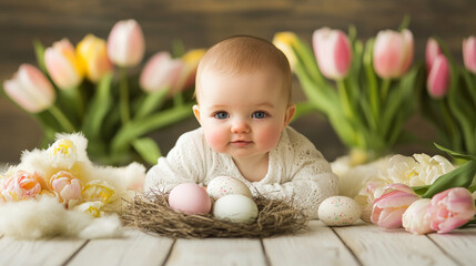 Adorable caucasian baby with easter eggs and tulips on wooden floor. concept of easter celebration, spring festivities, baby's first easter