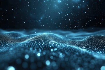 Poster - digital landscape of glowing particles under a starry sky at night