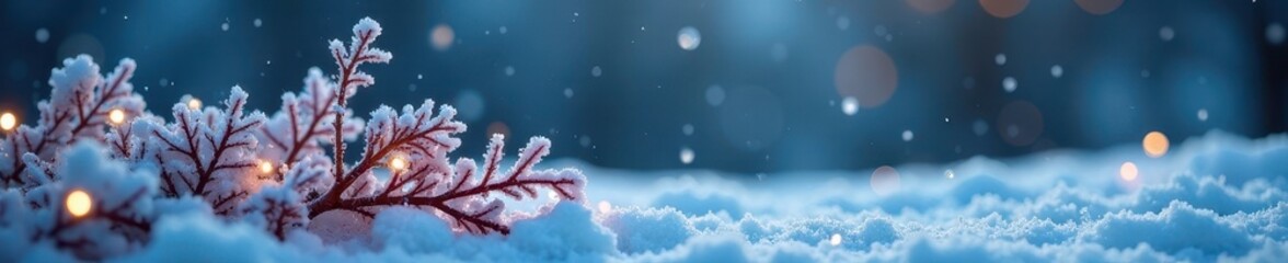 Poster - Delicate snowflakes fall on frosted plants and snow-covered ground, cold winter night , outdoor, serenity