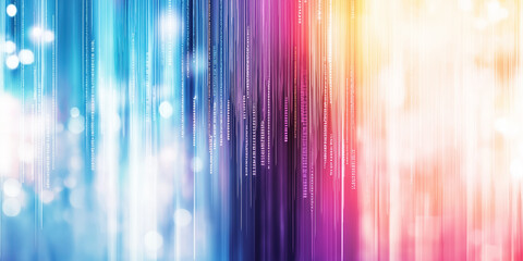 Poster - Vertical lines of vibrant light in a gradient from blue to pink create a visually striking backdrop. The soft glow enhances the colorful effect. Concept of digital design, advertising, marketing