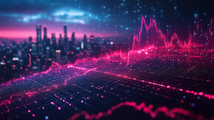 Poster - Graphs depict financial trends with glowing lines in pink against a city skyline at dusk. Digital data visualizations showcase analytics and insights for financial professionals and tech companies