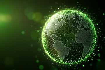 Poster - Digital model of Earth with green light and intricate connections portrays data flow and technology. The glowing effect highlights the significance of digital innovation and sustainability