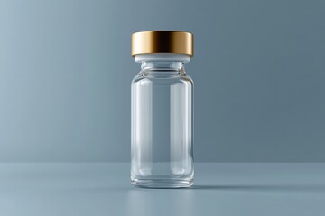 Poster - Glass vial with golden cap displayed on a smooth surface in a minimalist setting under soft lighting. Generative AI