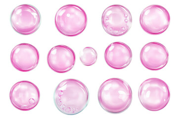 Poster - Pink bubbles image, showcasing transparent spheres, light reflections, and abstract pattern details.