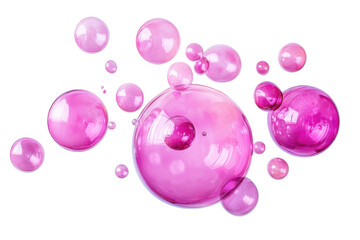 Poster - Pink bubbles image, showcasing transparent spheres, light reflections, and abstract pattern details.