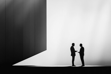 Wall Mural - Two business professionals engaged in a discussion near a modern architectural structure at sunset. Generative AI