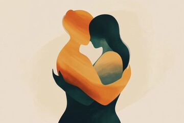 Poster - Minimalist illustration of two people embracing in a moment of warmth and connection in a serene atmosphere. Generative AI