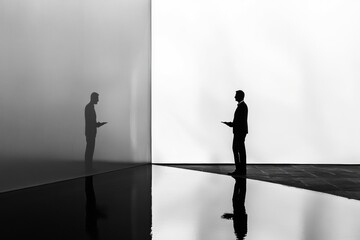 Poster - Silhouette of a business professional standing in a minimalist space with contrasting light on a reflective surface. Generative AI