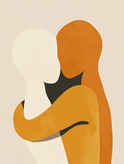 Poster - Minimalist illustration depicting two people embracing in a warm embrace on a neutral background during a calm moment. Generative AI