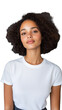 © DesignVectX - Serious woman with curly hair wearing white t-shirt and standing confidently on transparent background