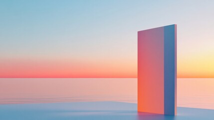 Aufkleber - Colorful sunset reflecting on calm water with a large vertical structure in the foreground near the horizon. Generative AI