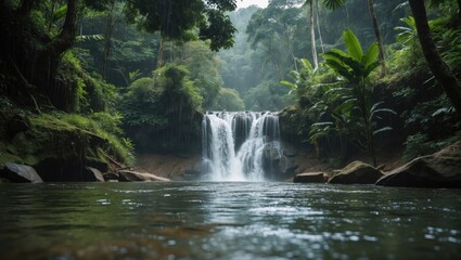 Aufkleber - Huai Lao Waterfall Surrounded by Lush Rainforest with Soft Focus and Calm Water Reflections in Serene Natural Landscape