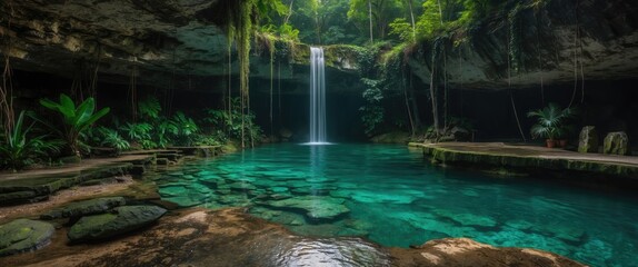 Poster - Serene Jungle Cenote with Waterfall and Lush Greenery in a Tranquil Natural Setting
