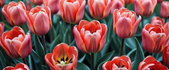 Poster - Closeup of living coral tulips in bloom, vibrant floral arrangement in spring garden, ideal for postcards and abstract designs.