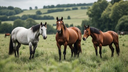 Aufkleber - Horses Grazing in a Lush Meadow with Scenic Countryside Background and Space for Text Overlay