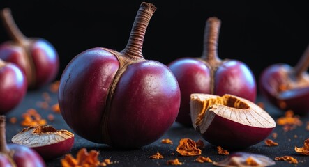 Aufkleber - Glossy kidney chestnuts arranged artistically on a dark background showcasing their smooth texture and rich color with scattered dry leaves.