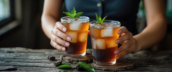 Poster - Refreshing Iced Green Tea Served in Glasses with Mint Garnish Held by Woman on Rustic Wooden Table