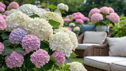Aufkleber - Blooming hydrangea flowers in white and pink hues surrounded by outdoor furniture in a lush garden setting showcasing nature's beauty.