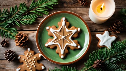Poster - Homemade gingerbread cookies beautifully decorated on a green plate with festive elements and a candle on a rustic wooden backdrop.