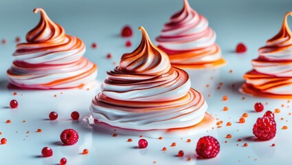 Wall Mural - Colorful meringue swirls garnished with vibrant berries against a bright background perfect for dessert and bakery promotional materials