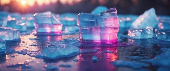 Poster - Colorful ice formations reflecting sunlight on a serene surface creating a vibrant winter landscape scene.