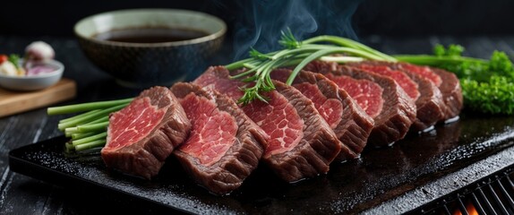 Poster - Sizzling Japanese beef slices on a black plate with fresh herbs for barbecue preparation and space for text or branding.