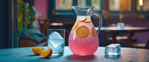 Aufkleber - Refreshing Non-Alcoholic Beverage in Jug with Ice and Lemon Slices on a Table with Empty Space for Your Text or Message