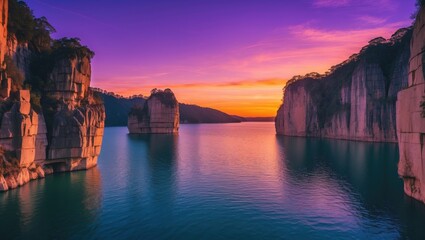 Aufkleber - Breathtaking panoramic sunset over a tranquil lake framed by dramatic limestone cliffs in vibrant purple and orange hues.