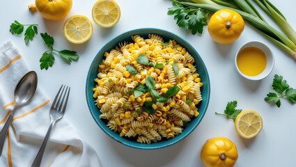 Leinwandbilder - Homemade Grilled Corn Pasta Salad with Fresh Ingredients and Lemon on White Background Overhead View with Empty Space for Text