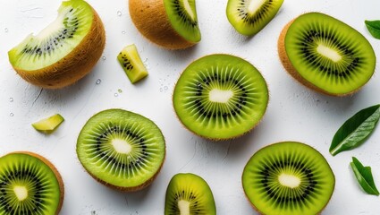 Poster - Freshly Sliced Kiwi Fruit Display on White Surface with Green Leaves for Healthy Eating and Cooking Inspiration