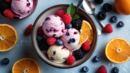 Poster - Homemade Berry Ice Cream With Oranges Fresh Fruit Dessert Overhead View