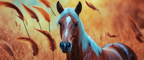 Poster - Majestic horse amidst flowing grass and warm autumn hues showcasing elegance and natural beauty in a serene outdoor setting.