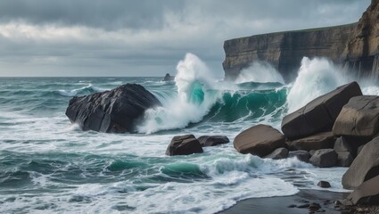 Poster - Majestic Ocean Waves Crashing Against Rocky Cliffs Under Dramatic Cloudy Sky Showcasing Nature's Power and Beauty at the Coastline